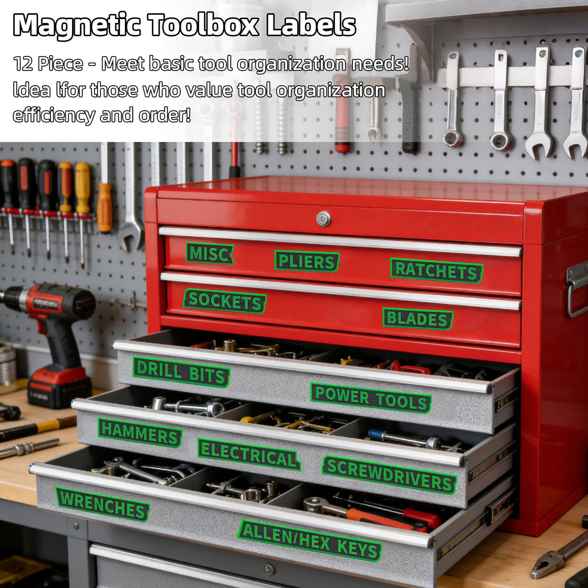 12PCS 3D Printed Tool Box Drawer Labels, Raised Letter Tool Organizer Tags For Screwdrivers Wrenches Sockets Pliers, Garage Workshop Storage Identification Labels
