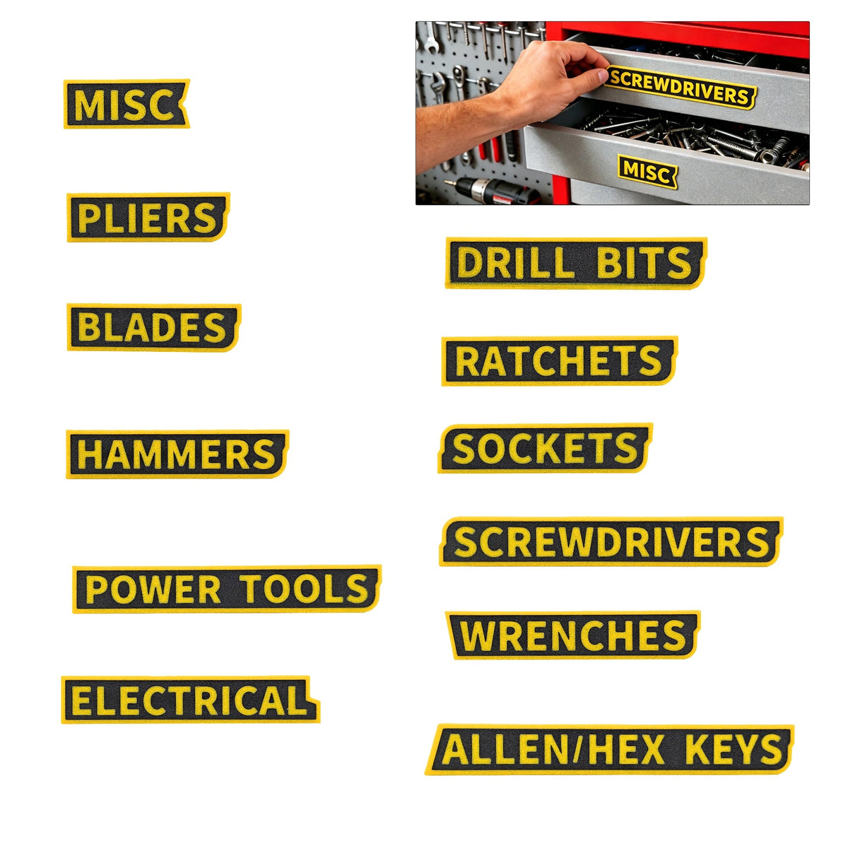 12PCS 3D Printed Tool Box Drawer Labels, Raised Letter Tool Organizer Tags For Screwdrivers Wrenches Sockets Pliers, Garage Workshop Storage Identification Labels
