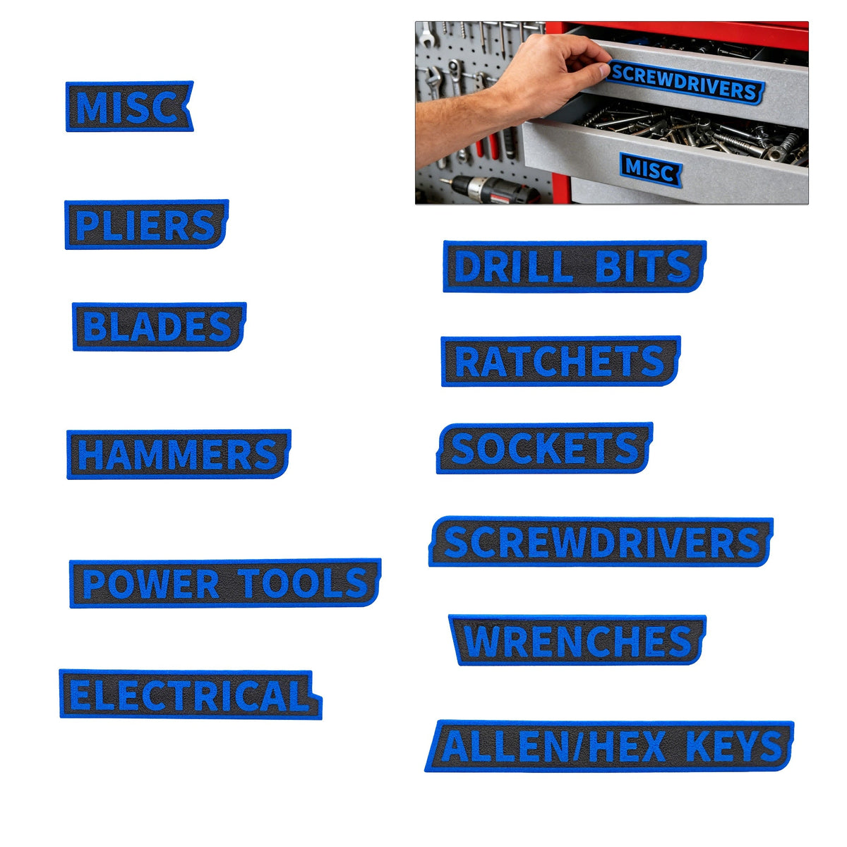 12PCS 3D Printed Tool Box Drawer Labels, Raised Letter Tool Organizer Tags For Screwdrivers Wrenches Sockets Pliers, Garage Workshop Storage Identification Labels