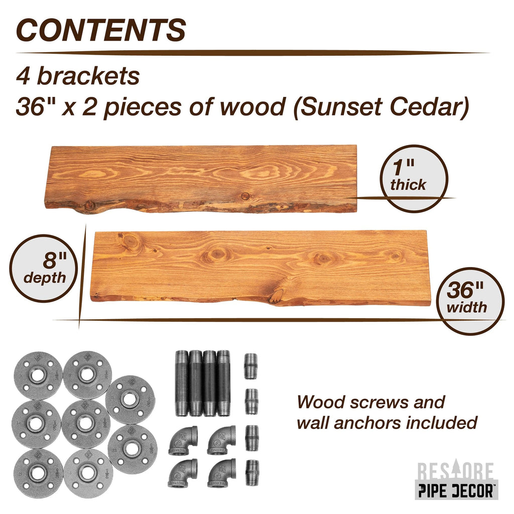 36” Sunset Cedar Live Edge Wood Shelf with L-Shaped Pipe Brackets (2-Pack)
