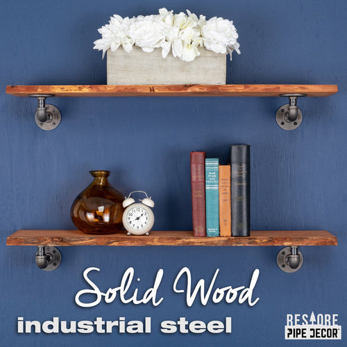 36” Sunset Cedar Live Edge Wood Shelf with L-Shaped Pipe Brackets (2-Pack)