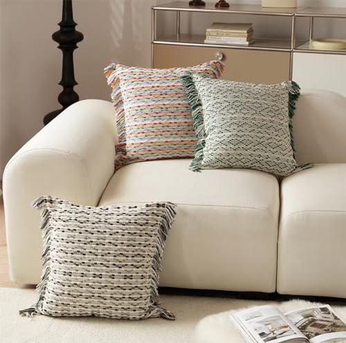 Fennco Styles Yarn Dyed Jacquard Decorative Throw Pillow Cover 18" W x 18" L - Colorful Striped Fringe Cushion Case for Home, Couch, Bedroom, Living Room and Office Décor