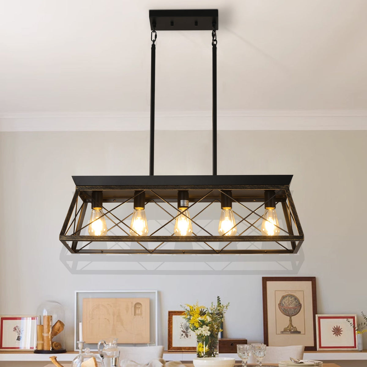 5-Light Farmhouse Chandeliers for Dining Room Metal Rustic Pendant Island Light  Modern Rectangular Island Lights (No Bulbs)