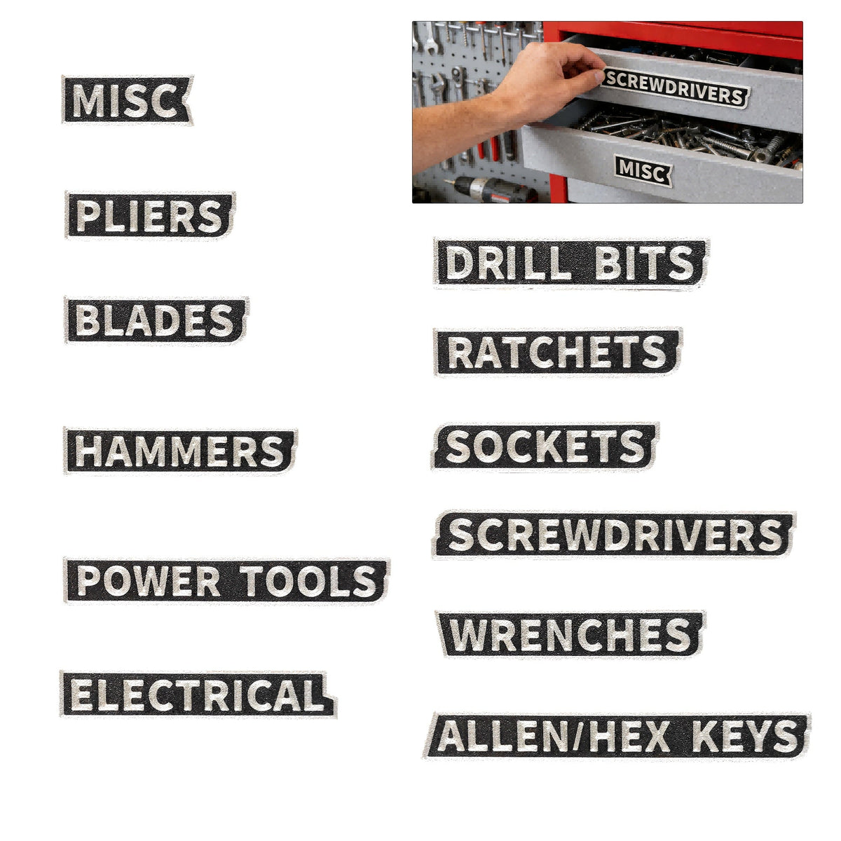 12PCS 3D Printed Tool Box Drawer Labels, Raised Letter Tool Organizer Tags For Screwdrivers Wrenches Sockets Pliers, Garage Workshop Storage Identification Labels
