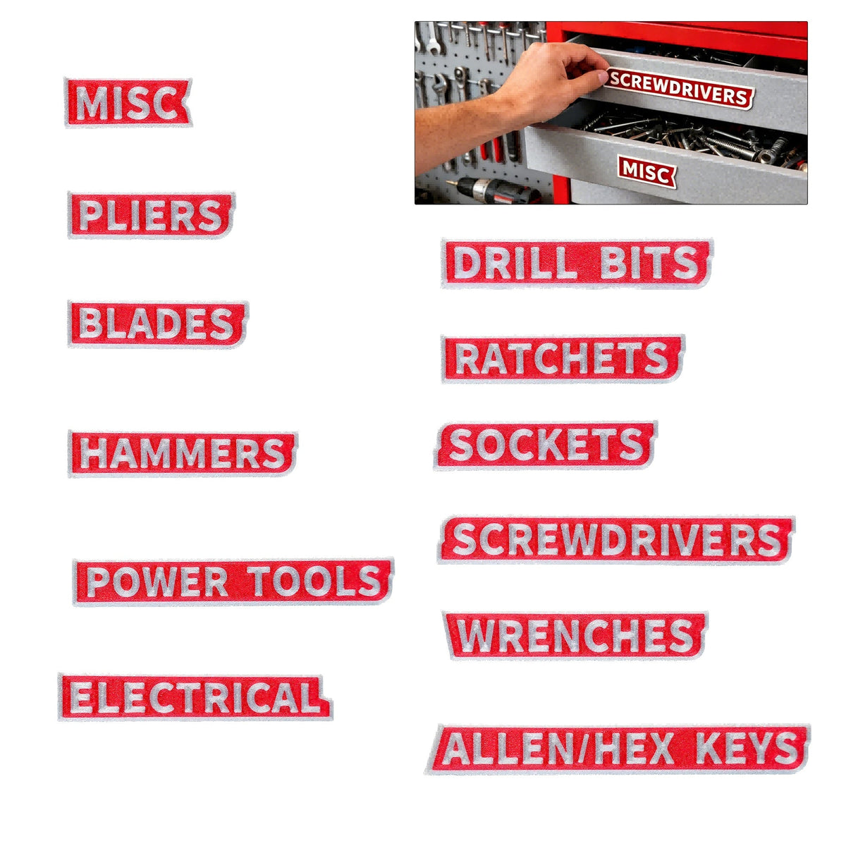 12PCS 3D Printed Tool Box Drawer Labels, Raised Letter Tool Organizer Tags For Screwdrivers Wrenches Sockets Pliers, Garage Workshop Storage Identification Labels