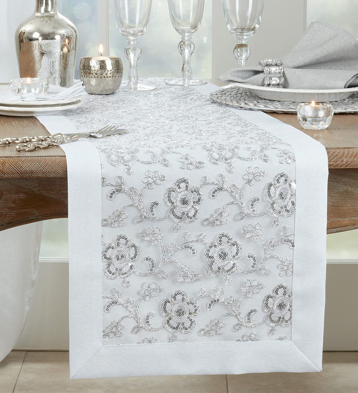 Fennco Styles Sequin Floral Embroidered Placemats 14" W x 20" L - Table Mats for Home, Dining Room, Banquets, Wedding, Holiday and Special Events