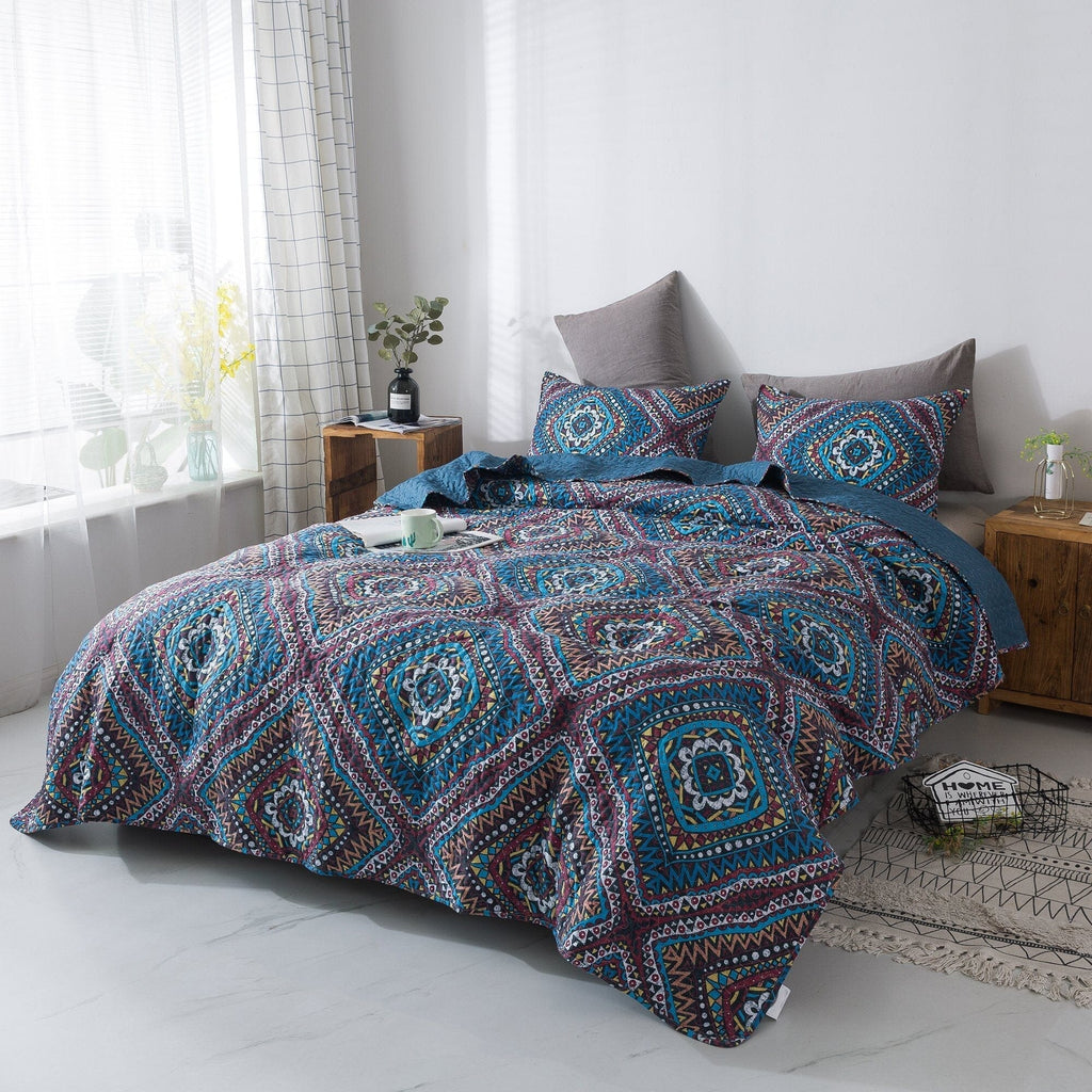 DaDa Bedding Farmhouse Bohemian Native Rustic Navy Blue Geometric Diamond Shapes Bedspread Set (KSX-001)