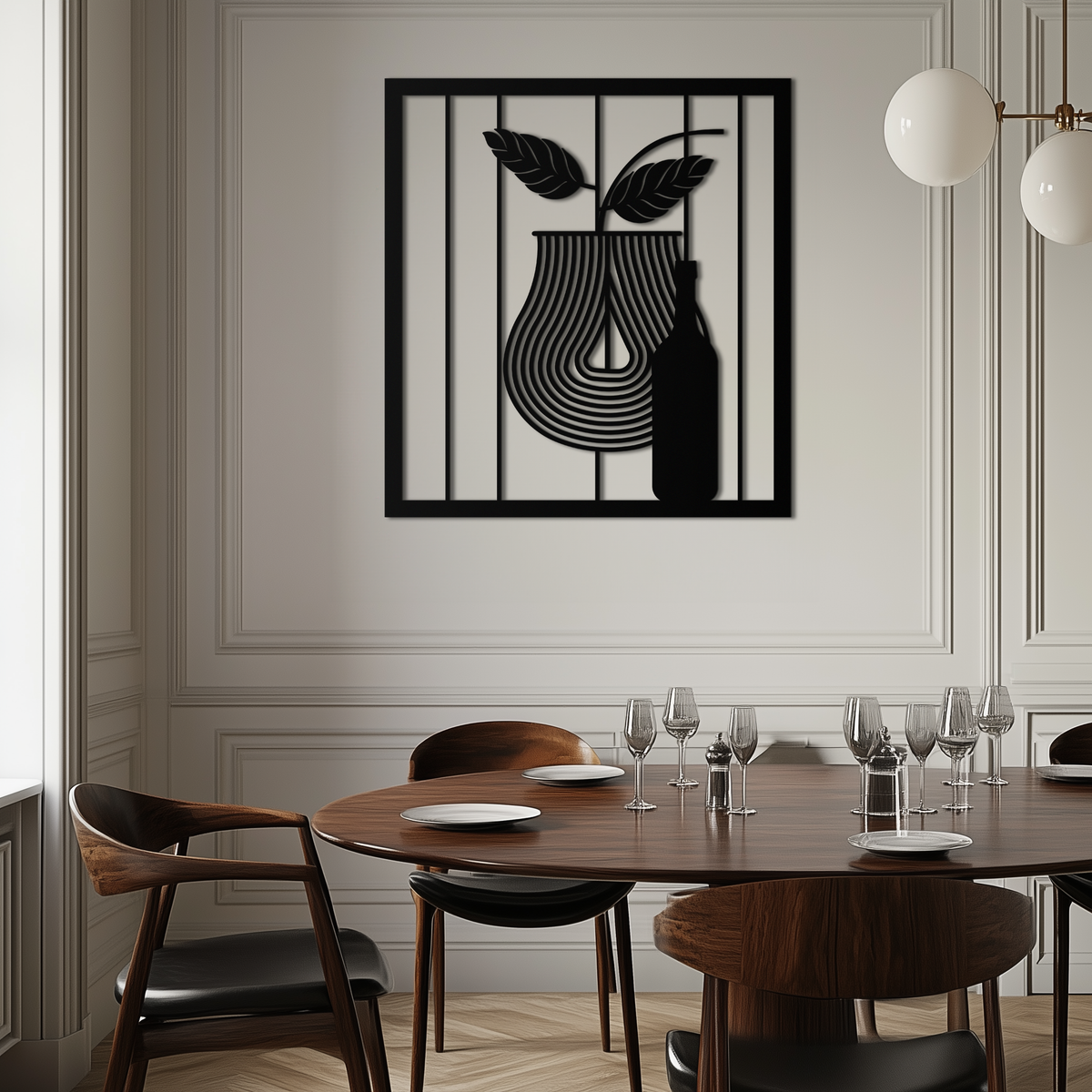 Bottle and Leaf Metal Wall Art – Modern Abstract Home Decor for Kitchen or Dining Room- KAF358