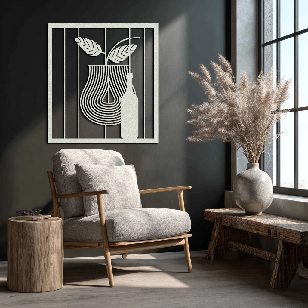 Bottle and Leaf Metal Wall Art – Modern Abstract Home Decor for Kitchen or Dining Room- KAF358