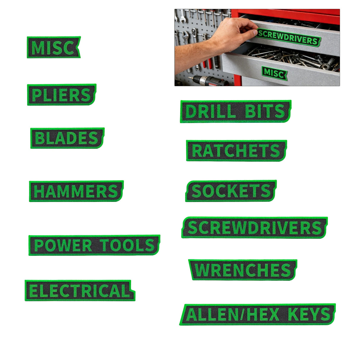 12PCS 3D Printed Tool Box Drawer Labels, Raised Letter Tool Organizer Tags For Screwdrivers Wrenches Sockets Pliers, Garage Workshop Storage Identification Labels