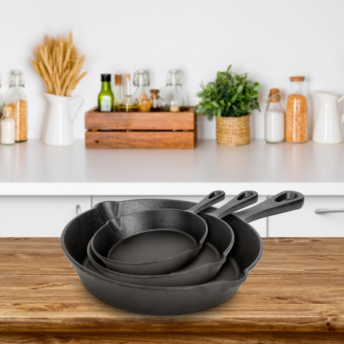 3Pcs Pre-Seasoned Cast Iron Skillet Set 6/8/10in Non-Stick Oven Safe Cookware Heat-Resistant Frying Pan for Frying SautŽing Cooking Baking