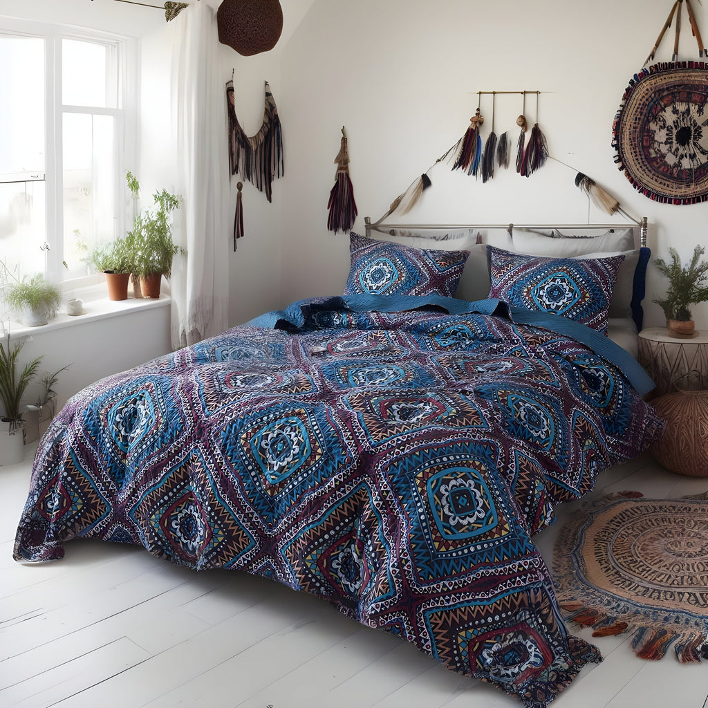 DaDa Bedding Farmhouse Bohemian Native Rustic Navy Blue Geometric Diamond Shapes Bedspread Set (KSX-001)