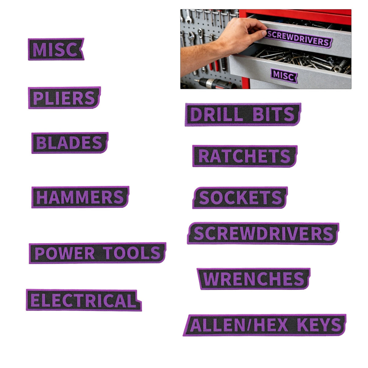 12PCS 3D Printed Tool Box Drawer Labels, Raised Letter Tool Organizer Tags For Screwdrivers Wrenches Sockets Pliers, Garage Workshop Storage Identification Labels