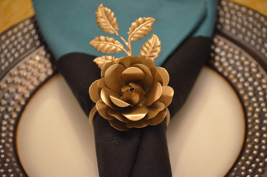 Vibhsa Gold Rose Napkin Rings | Set of 4, Handcrafted