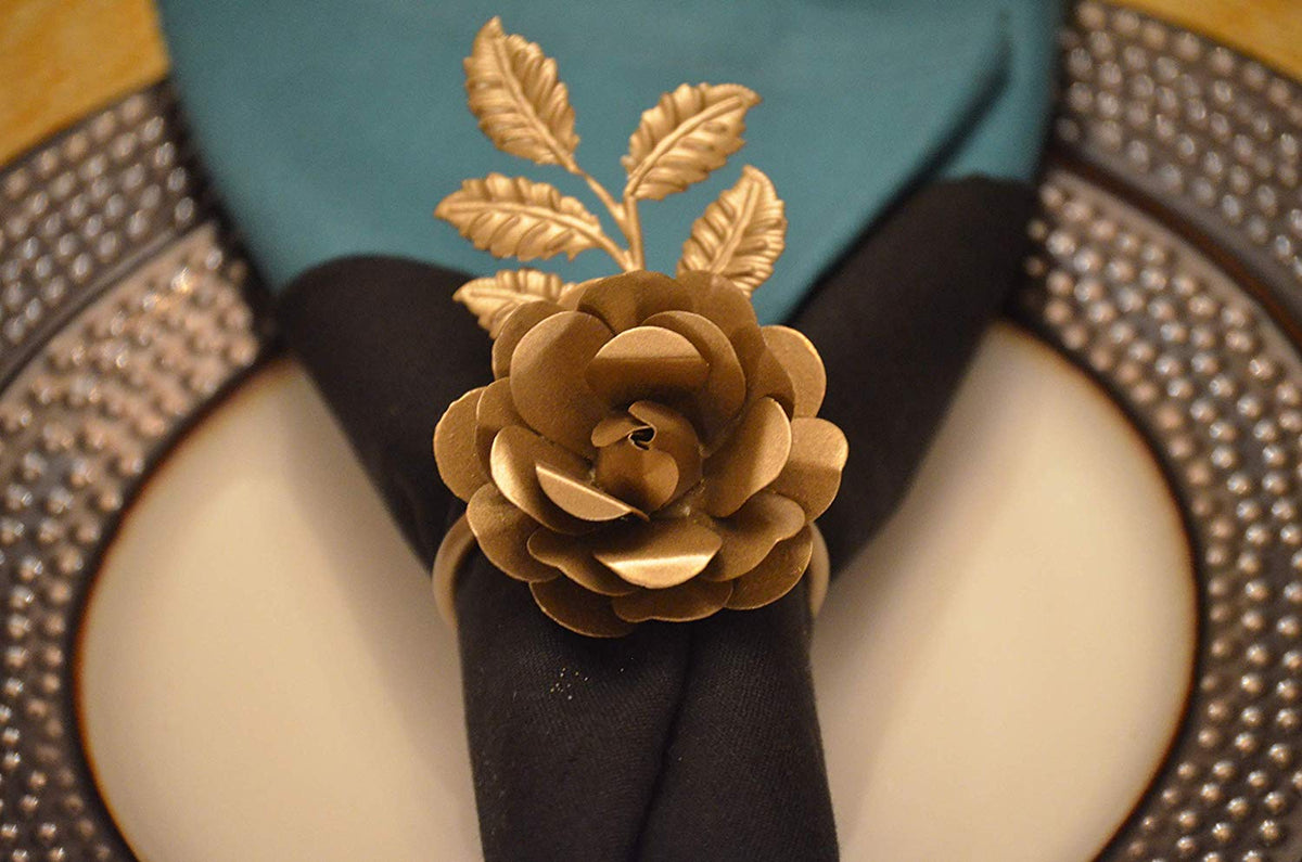 Vibhsa Gold Rose Napkin Rings | Set of 4, Handcrafted